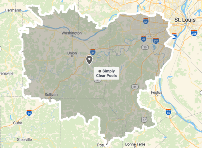 Simply Clear Pools service area map covering the greater St. Louis metro region